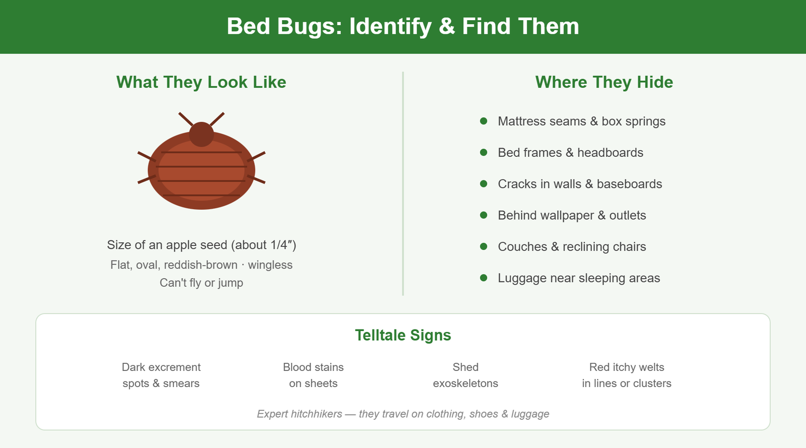 Bed bug identification and hiding spots infographic